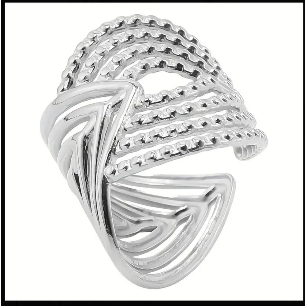 Silver Geometric Textured Design Adjustable Ring - Picture 7 of 8